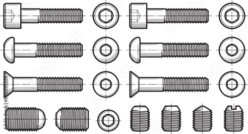 Precision drawings showcase an array of mechanical fasteners, the bolts, nuts and screws, essential components in engineering and construction.