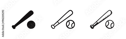 Baseball bat and ball icon set in solid, outline, and sketch styles