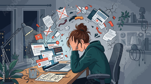 Exhausted Woman Experiencing Remote Work Burnout During Late Night