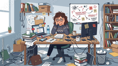 Exhausted Woman Experiencing Remote Work Burnout in Messy Home Office