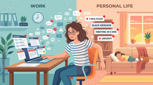 Remote work burnout and struggle with work life balance illustration