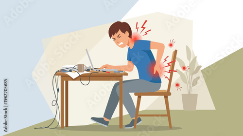 Man with Back Pain and Remote Work Burnout at Laptop
