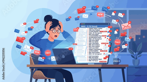 Stressed Woman Facing Remote Work Burnout with Email Overload