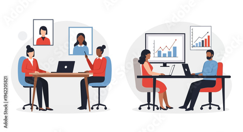 Diverse Business Professionals Collaborating, Analyzing Data, and Engaging in Online Meetings in a Modern Office Environment