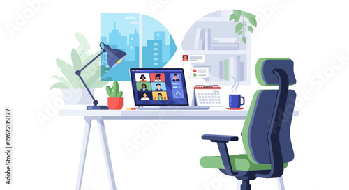 Remote Work Home Office Desk with Laptop Video Conference and Modern Chair Illustration