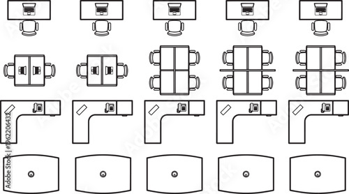 Office Furniture Layouts: A top-down view of various office furniture configurations, ideal for illustrating workspace design options.