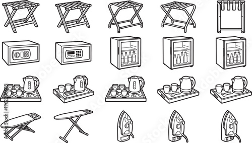 A collection of hotel room service essentials in a modern monochrome aesthetic, perfect for conveying a sense of organized comfort and convenience.