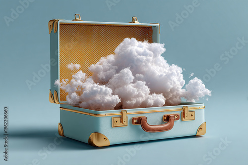 open blue Suitcase with clouds inside surreal travel concept