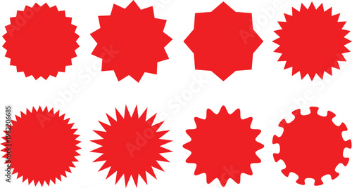 Blank red promotional sale stickers. Special offer price tag. Promotional sale sticker, discount tags, starburst badges, quality marks. Sunburst sale badges, discount labels, sale icons