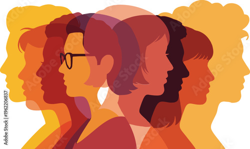 Multi faceted woman with glasses and various expressions in orange hues