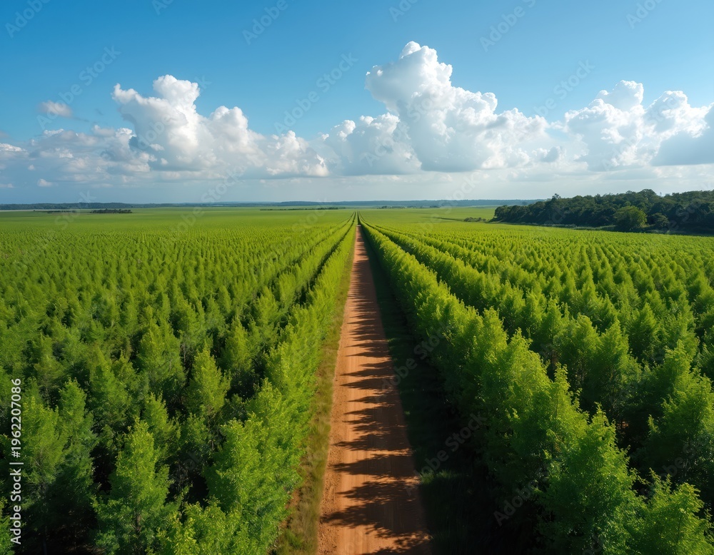 Naklejka premium Rows of young green eucalyptus trees stretch to horizon under blue sky with clouds. Dirt road cuts through vast forest plantation. Aerial perspective of nature agriculture and growth.