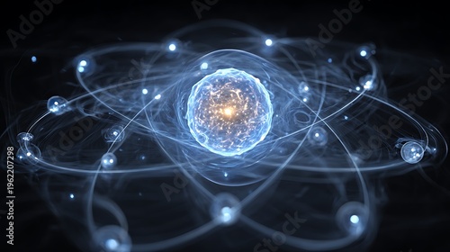 Atomic model with electrons orbiting around a glowing nucleus 