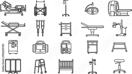A comprehensive collection of medical equipment, presented as line drawings, showcasing essential tools of modern healthcare. 
