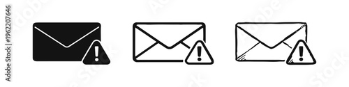 Email Message Warning Icon Set with Exclamation Mark. Mail Alert Symbols in Filled, Outline, and Hand-Drawn Styles.