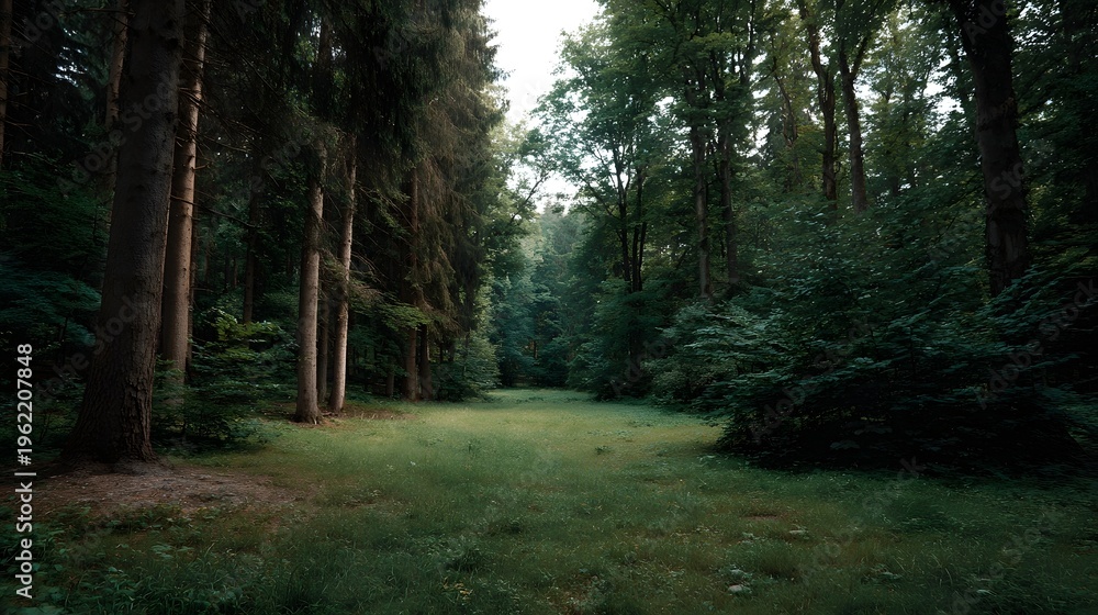 Fototapeta premium A serene forest clearing bathed in d d sunlight surrounded by lush green trees and dense woodland