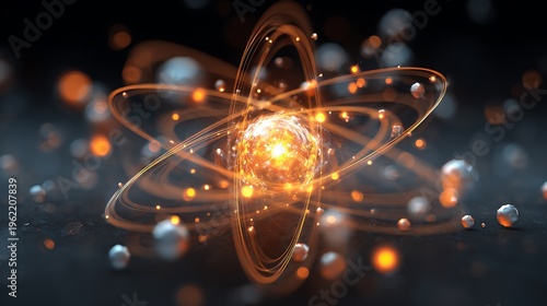 Atomic model with electrons orbiting around a glowing nucleus 