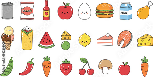 Cute colorful food icons collection with fruits vegetables fast food and desserts cartoon style vector illustration isolated on white background