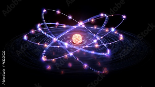 Atomic model with electrons orbiting around a glowing nucleus 