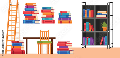 Bookshelves with Colorful Stacked Books, Wooden Chair, and Metal Ladder for Library or Study Room Design