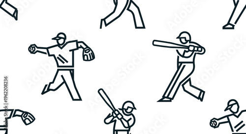Seamless pattern of minimalist line art baseball player icons in various action poses on a white background, depicting pitching and batting.