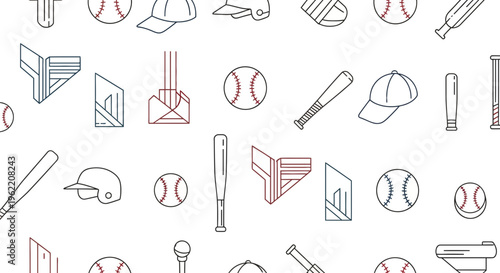 A seamless pattern featuring various outlined baseball equipment and accessories on a white background, perfect for sports themes.
