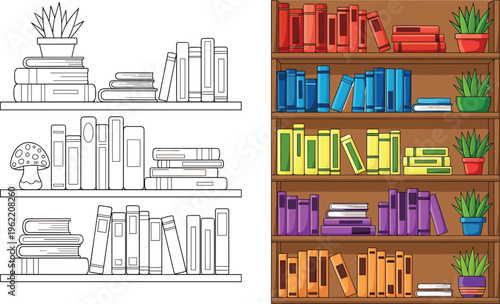 Bookshelf with Colorful Books and Potted Plants Set Featuring Wooden Shelves for Home Decor and Study Design