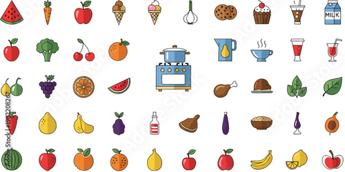 Colorful food and kitchen icons collection with fruits vegetables desserts drinks and cooking elements flat vector illustration isolated on white backgroundPrint