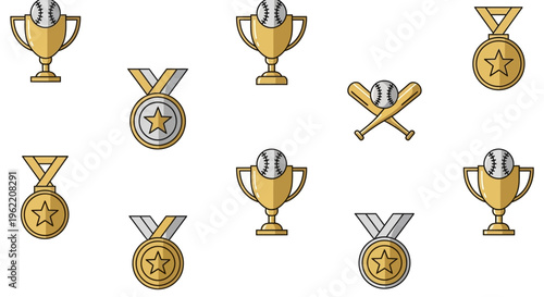 A set of gold and bronze trophies and medals representing achievement victory and success in competition