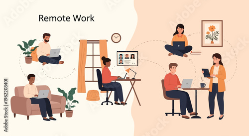 Remote Work Concept Illustration: Diverse People Working from Home, Online Collaboration, and Flexible Global Teamwork