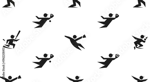 Seamless pattern of black baseball player silhouettes in various action poses on a white background, depicting batting, catching, and fielding.
