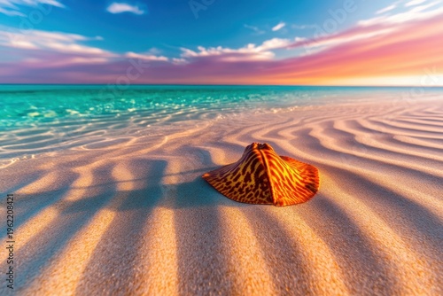 Vibrant Sunset Over Calm Ocean Waves with Sand Patterns and Hat