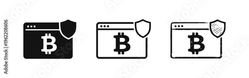 Secure Bitcoin Browser and Cryptocurrency Protection Icons, Web Page with Bitcoin Symbol and Shield Emblem