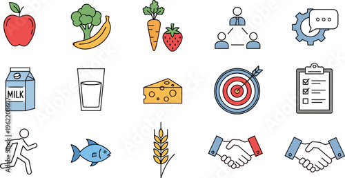 Colorful flat icons set with food business teamwork target handshake and daily activity symbols vector illustration isolated on white background