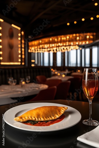 Gourmet Calzone with Sauce and Sparkling Drink in Elegant Restaurant