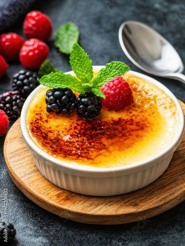 Delicious Crème Brûlée with Fresh Berries on Wooden Plate