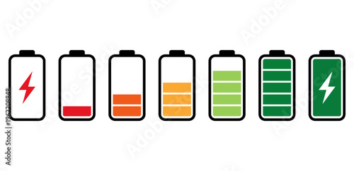 Flat Design Battery Life Status Symbols, Rechargeable Power Supply Level Progress Icons for Interface Design, Smartphone Battery Percentage Indicators Vector