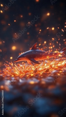 Dolphin swimming through glowing flames in an abstract ocean scene