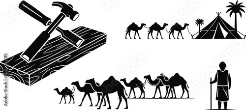 Carpentry tools and desert caravan silhouettes with camels tents and nomad figures vector illustration set isolated on white background