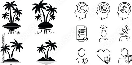 Tropical island silhouettes and human activity line icons set with palm trees mindset security and wellness symbols vector illustration isolated on white background
