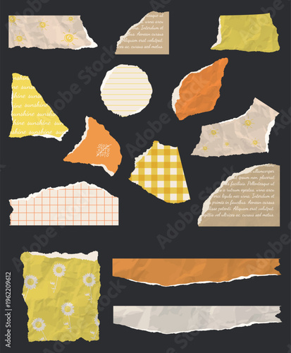 Yellow scrapbook torn paper set. Retro paper decor. Scraps of yellow vintage wrapping paper, postcards, butterfly. Vector design template for design collage.