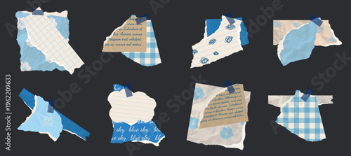 Collection of blue scrapbook torn paper set. Retro paper decor. Scraps of blue vintage wrapping paper, postcards. Vector design template for design collage.