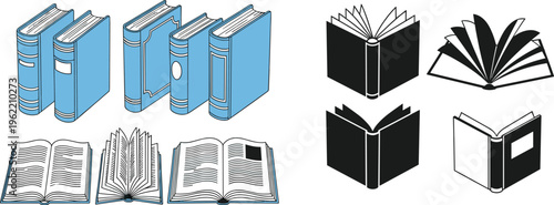Open and Closed Book Illustrations with Hardcover and Softcover Designs for Library, Education, and Reading Spaces