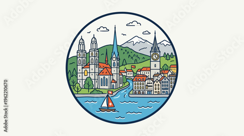 Zurich Cityscape With River And Sailboat