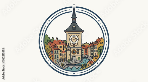 Charming European Cityscape Inside a Decorative Circle