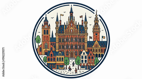 Stylized Cityscape with Historic Buildings and People in a Circle