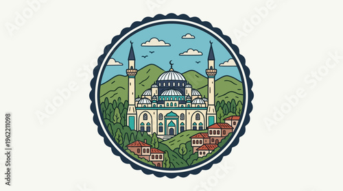 Charming Mosque Emblem with Traditional Village Scenery