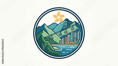 Hong Kong Cityscape with Mountains and Cable Cars in a Circle