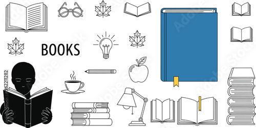 Books and Study Items Collection with Desk Lamp, Glasses, Apple, and Cup, Educational Theme for Classroom, Library, and Office Spaces