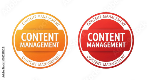Two round badge icons with content text in orange and red colors isolated png