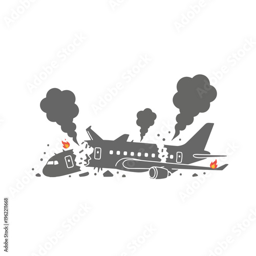 Airplane crash landing with fire and black smoke flat vector illustration